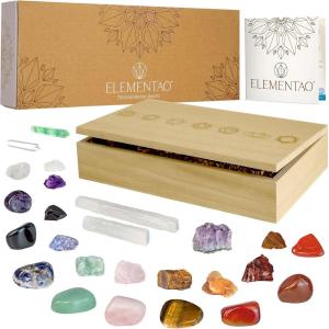 image:imageElementao Chakra Crystals and Healing Stones  25 Polished and Raw Gemstones and Storage Bag Fluorite Wand and 2 Selenite Wands Quartz Point and Engraved Wooden Box Natural Crystal Set for