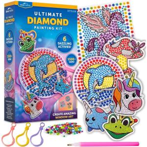 image:imageBlue Marble Ultimate Diamond Painting Kit for Kids  6 Craft Activities with 1500 Gems Make 3 Window Art Pieces amp 3 Keychains Includes Applicator Pens Gem Trays amp Stencils Kids Crafts