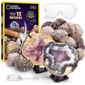 image:imageNational Geographic Break Open 15 Premium Geodes Science Kit  Includes Goggles amp 3 Display Stands  Great STEM Science Kit Geology Gift for Kids Break Your Own Geodes with Crystals