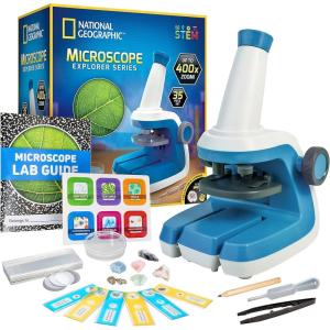 image:imageNational Geographic Microscope for Kids  STEM Kit with an EasytoUse Kids Microscope Up to 400x Zoom Blank and Prepared Slides Rock and Mineral Specimens and More Great Science Project Set